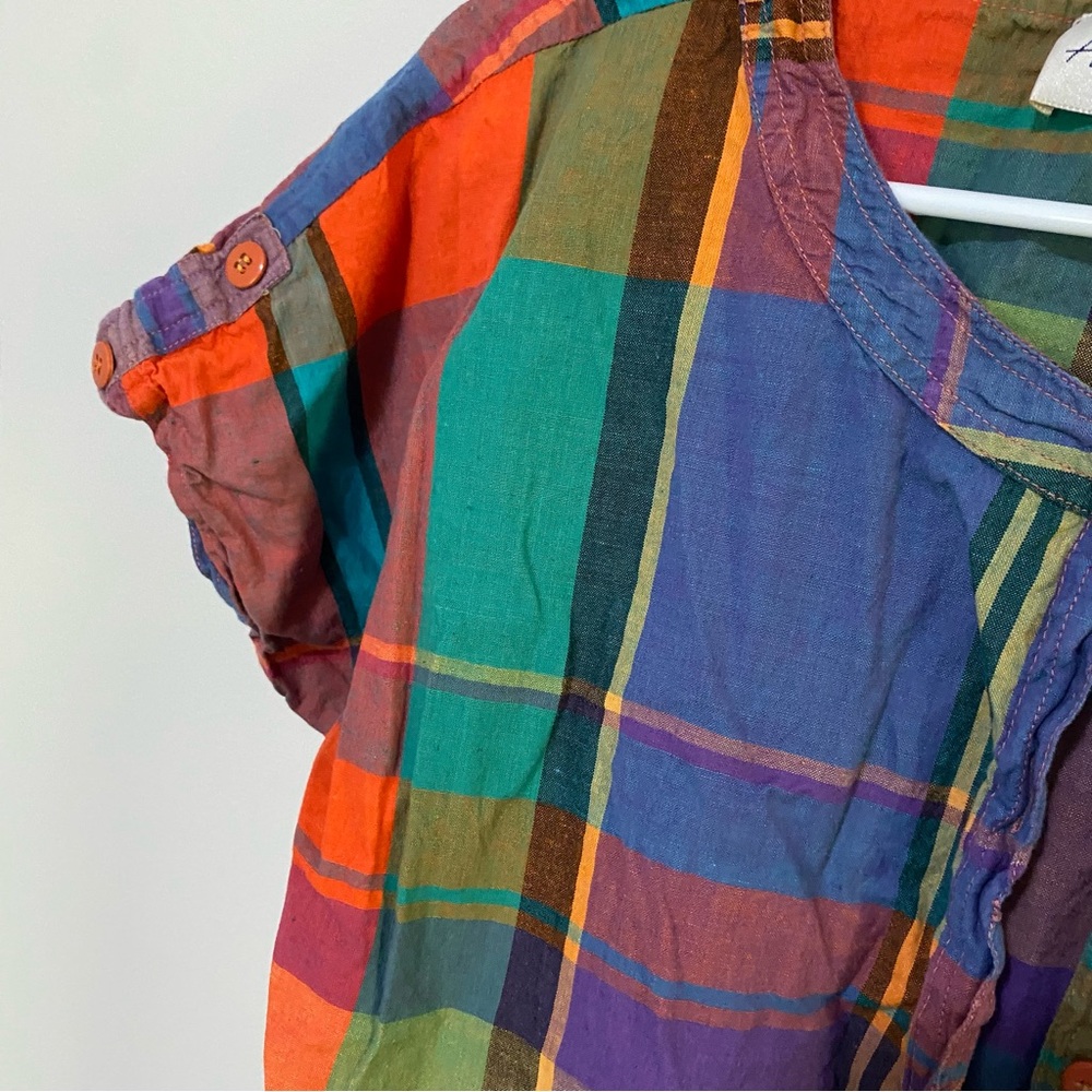 VTG-08 80’s 90’s true vintage Colorful Plaid Button-Up Blouse dopamine size 8 - Picture 6 of 7